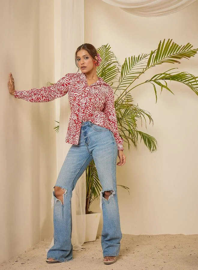 WineRed بلوزة قطنية بطبعة تجريدية